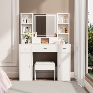 Makeup Vanity Desk With Mirror And Lights, 3 Color Lighting Modes, Modern Dressing Table With Storage Drawers And Cabinet, For Bedroom, Dressing Room - 1 of 4
