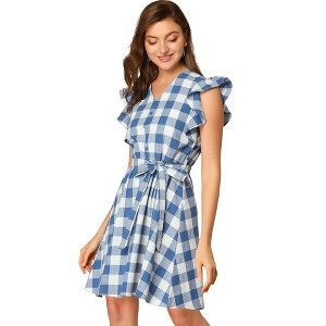 Allegra K Women's Casual Ruffled Sleeve A-Line Vintage Gingham Check Dress - 1 of 4