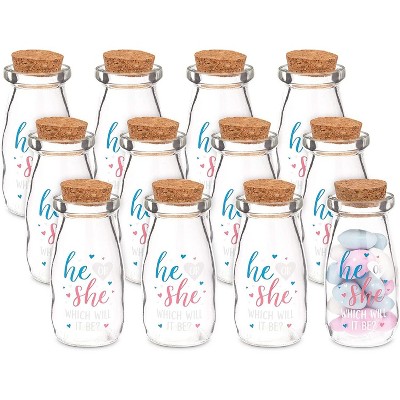 Sparkle and Bash 12 Pack He She Gender Reveal Milk Jars Glass Bottles Party Favors, Empty Bottle with Lids for Candies Give Aways, 4-Inch