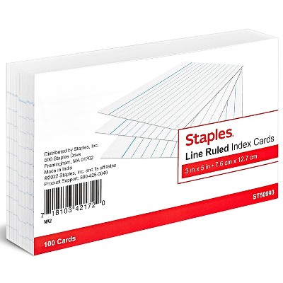 Staples 3" x 5" Line Ruled White Index Cards 100/Pack (50993) TR50993