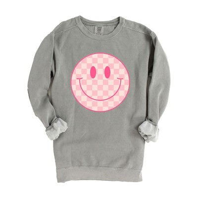 Simply Sage Market Women's  Garment Dyed Graphic Sweatshirt Pink Checker Smiley Face