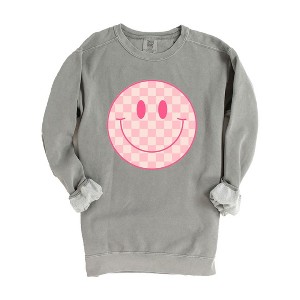 Simply Sage Market Women's  Garment Dyed Graphic Sweatshirt Pink Checker Smiley Face - 1 of 4