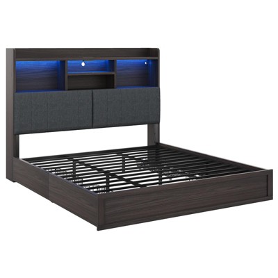 AMERLIFE LED Bed with 4 Storage Drawers, Bookcase Headboard and Charging Station