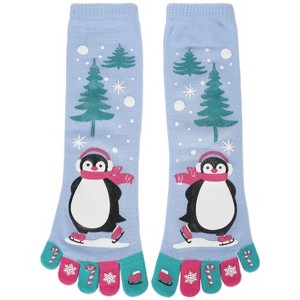 Memoi Festive Skating Penguin Non-Skid Toe Socks Light Blue One Size - 1 of 3