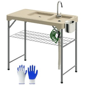 Outsunny Folding Fish Cleaning Table with Sinks, Outdoor Fillet Table with Faucet, Drainage Hose, Sprayer, Shelf, Drawer and Storage Basket - 1 of 4