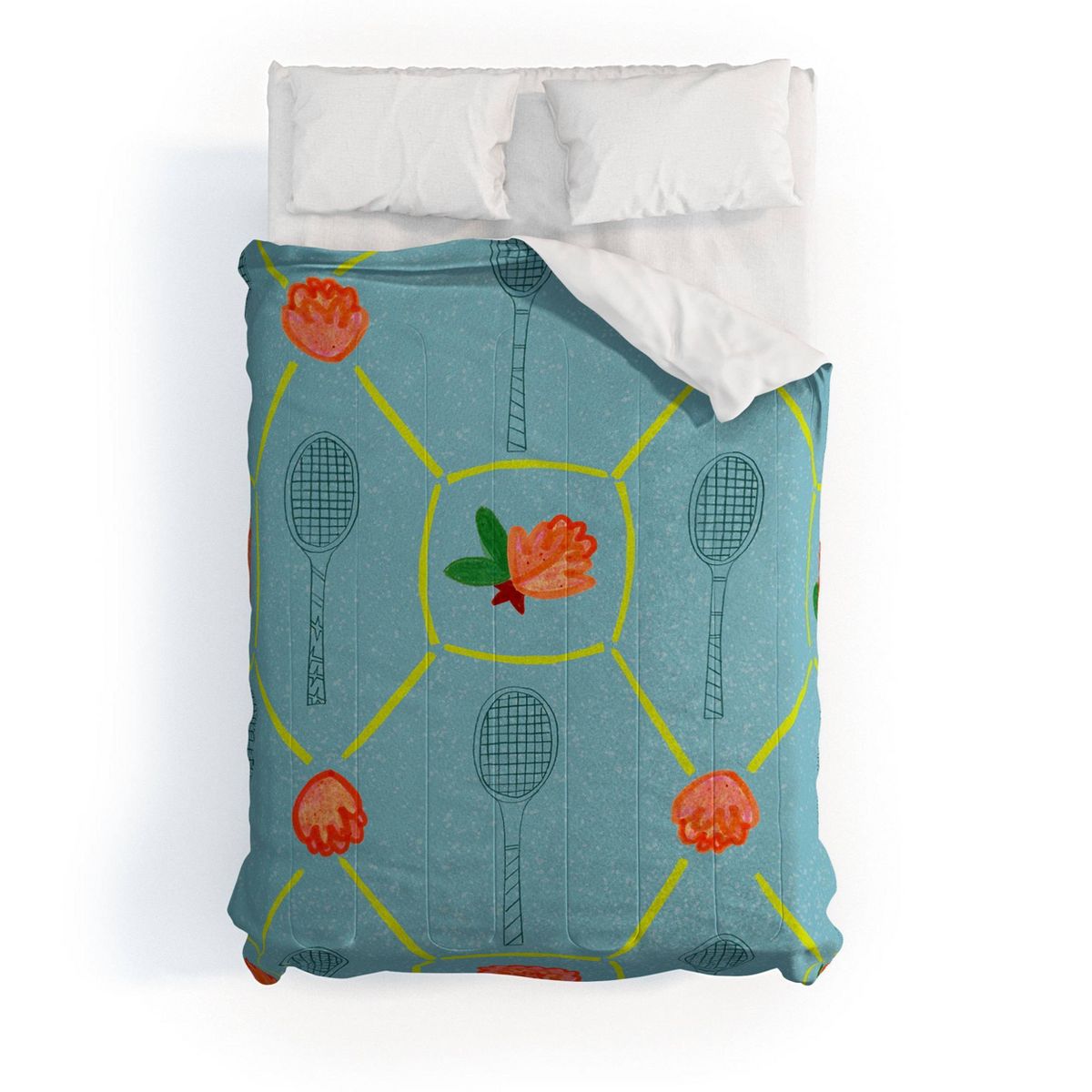 Deny Designs H Miller Ink Illustration Tennis Rackets Roses Kids' Comforter and Sham Set Blue