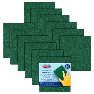 Lola Products Green Heavy Duty Jumbo Scouring Fiber Pads, 6" x 6", Non Scratch, Non-Woven Scrubber, Stay Fresh & Remove Grease Baked On Foods, 12 Pack - 1 of 3