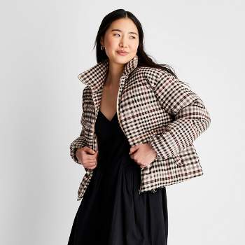 Women's Zip-Up Checkered Puffer Coat - Future Collective™ with Reese Blutstein Brown