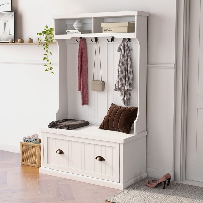 White Wood Hall Tree with Storage Bench and Hooks