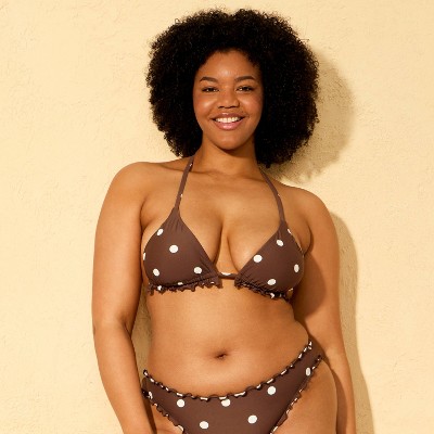 Shade & Shore Women's Polka Dots Ruffle Triangle Bikini Top - Shade & Shore™ Brown M — фото 4