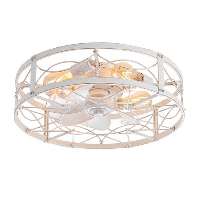 Airsurfer 20" Flush Mount Distressed White and Gold Cage Ceiling Fan with Integrated LED Light and Remote (7-Blade)