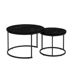 PDTEND 27.6 in. Round Nesting Coffee Table Set of 2, Wood Marble Pattern Top with Sturdy Metal Frame - Black - 1 of 4