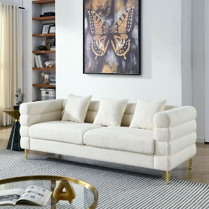 Resenkos 81" 3-Seater Sectional Couch, Plush Teddy Fabric with Deep Seating and 3 Included Accent Pillows, - 1 of 4