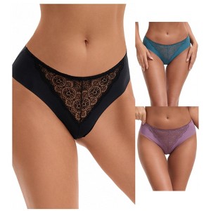 INSPIRE CHIC Women's Mid Waisted Briefs Smooth Silky Panties Soft Lace Breathable Underpants 3 Packs - 1 of 4