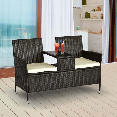 Modern 2-Person Rattan Loveseat with Built-in Glass Table - Brown