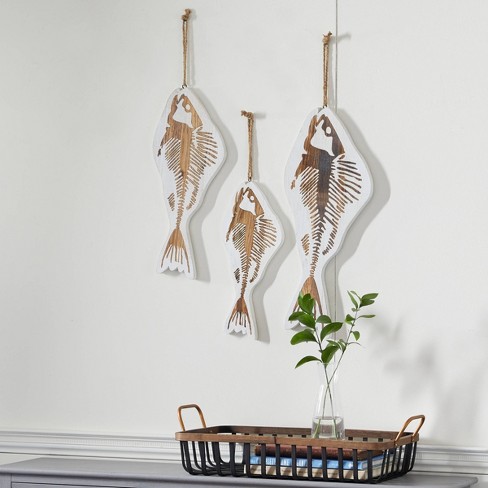 Set Of 3 Wood Fish Wall Decors With Hanging Rope White - Olivia