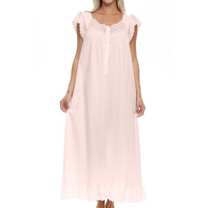 ADR Women's Cotton Nightgown, Short Sleeve Lace Trimmed Button Up Long Vintage Night Dress Gown - 1 of 4