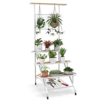 Costway 4-Tier Hanging Plant Stand Ladder Plant Shelf with Hanging Bar & Trellis