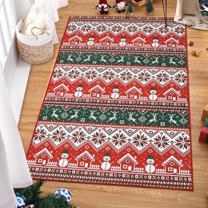 Machine Washable Area Rug, Low Pile Non-Slip Floor Mat with Snowmen & Houses, Festive Holiday Carpet for Living Room Bedroom, Red/Green - 1 of 4