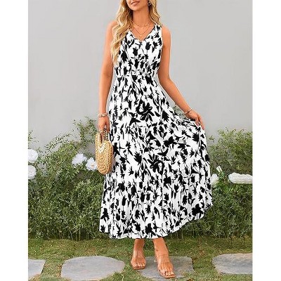 Womens Summer Dress V Neck Elastic Waist Sleeveless Floral Elegant Casual Maxi Dress