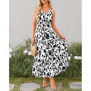 Womens Summer Dress V Neck Elastic Waist Sleeveless Floral Elegant Casual Maxi Dress - 1 of 4