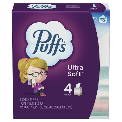 Puffs Ultra Soft Non-Lotion Facial Tissue, 4 Cubes, 48 Facial Tissues per Cube