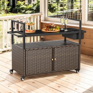 Buenhomino Patio Bar Table,Outdoor Kitchen Island with Glass Top,Rattan Patio Storage Cabinet with Wheels,Bar Cart for Poolside and Backyard - 1 of 4