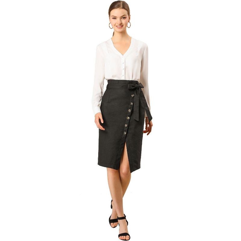 Allegra K Women's Vintage Button Decor Belted Split Front Knee Length Pencil Skirt, 4 of 7