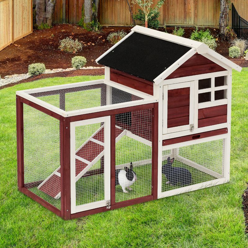 PawHut 48" Wooden Rabbit Hutch Bunny Cage with Waterproof Asphalt Roof, Fun Outdoor Run, Removable Tray and Ramp, 3 of 9