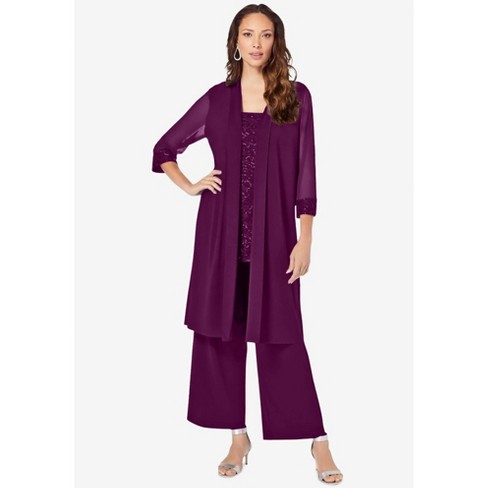 Roaman's Women's Plus Size Three-piece Lace Duster & Pant Suit - 14 W,  Purple : Target