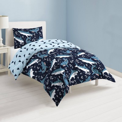 Navy Blue Cotton Twin Kids Shark Bed Set