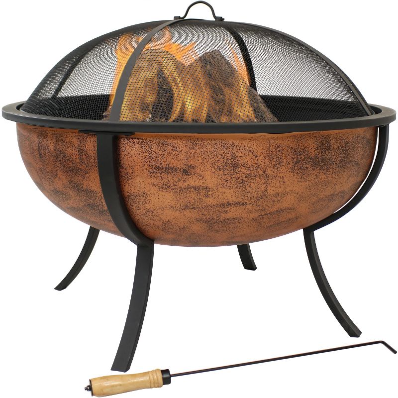 Sunnydaze Outdoor Portable Camping or Backyard Large Round Fire Pit Bowl with Spark Screen, Wood Grate, and Log Poker - 32" - Copper Finish, 1 of 13
