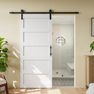 SMARTSTANDARD 84 in. Height White Barn Door with 5FT Sliding Door Hardware Kit & Handle - Predrilled, Water-Proof, Ready to Assemble, 5-Panel - 1 of 4