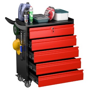 SUXXAN Metal Rolling Tool Storage Cabinet with 5 Drawers, 4 Hooks, Lockable Wheels & Push Handle (Black & Red, Assembly Required) - 1 of 4