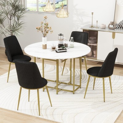 5-Piece Extendable Dining Set,Round Dining Table with Faux Marble Top and Metal Legs,4 Upholstered Foldable Dining Chairs for Small Space-Tanpinhause