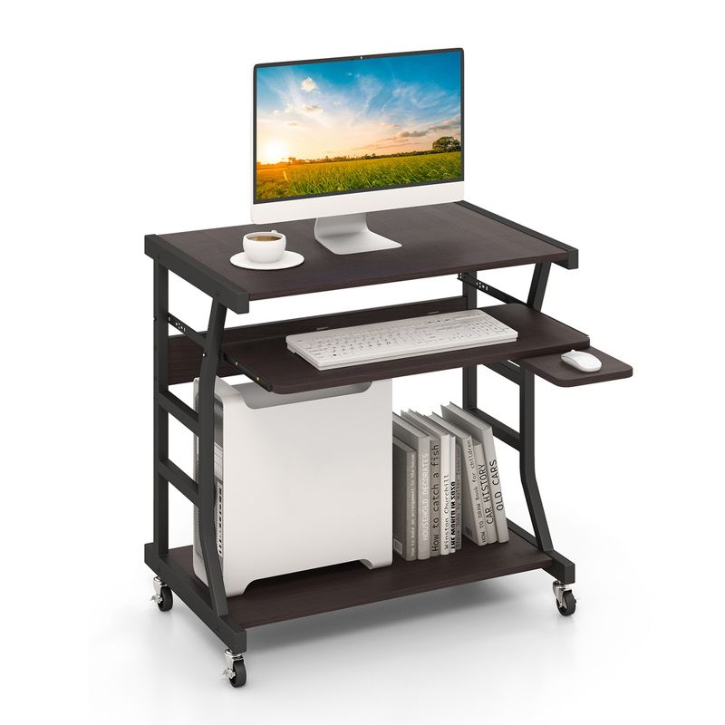 Costway 29.5'' Mobile Computer Desk Rolling Laptop Cart with Pull-out Keyboard Tray & Shelf, 1 of 11