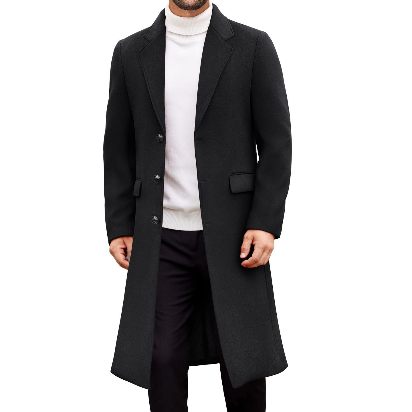 Мужская куртка COOFANDY Winter Trench Coat Slim Fit Long Single Breasted Overcoat Casual Notched Collar Pea Coat Black, цвет: Чёрный — фото 1