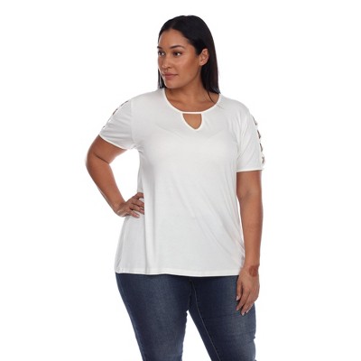 Plus Size Keyhole Neck Cutout Short Sleeve Top - White Mark