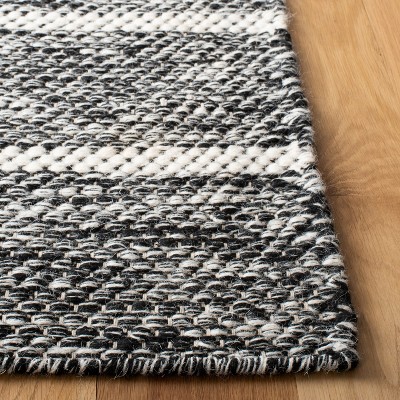 Handmade Black and Ivory Wool Striped 9' x 12' Area Rug