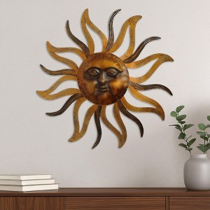 Royal Hampton 35 Inch Round Wall Mounted Sun Face Accent Decor, Carved Rustic Gold and Black Metal - 1 of 4