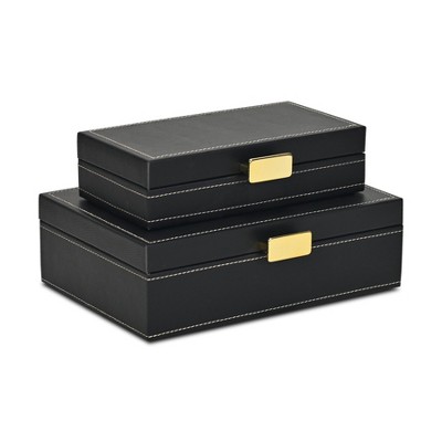 Cheung's Lithos Vintage Rectangular Style Set of 2 Boxes with Stitched Accents & Gold Handles - Blue