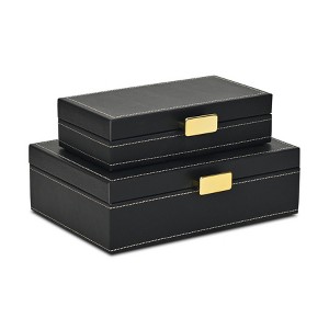 Cheung's Lithos Vintage Rectangular Style Set of 2 Boxes with Stitched Accents & Gold Handles - Blue - 1 of 4