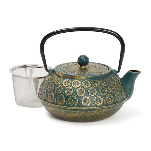 Juvale Green Cast Iron Floral Teapot Kettle with Stainless Steel Infuser Set, Japanese Tea Pot for Kitchen Pantry, 34 oz - 1 of 4