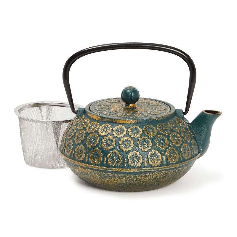 Juvale Green Cast Iron Floral Teapot Kettle with Stainless Steel Infuser Set, Japanese Tea Pot for Kitchen Pantry, 34 oz, 1 of 9