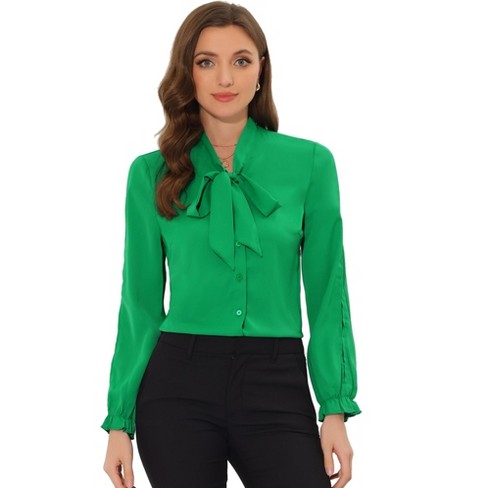 Allegra K Women's Elegant Bow Tie Neck Long Sleeve Work Shirt Green ...