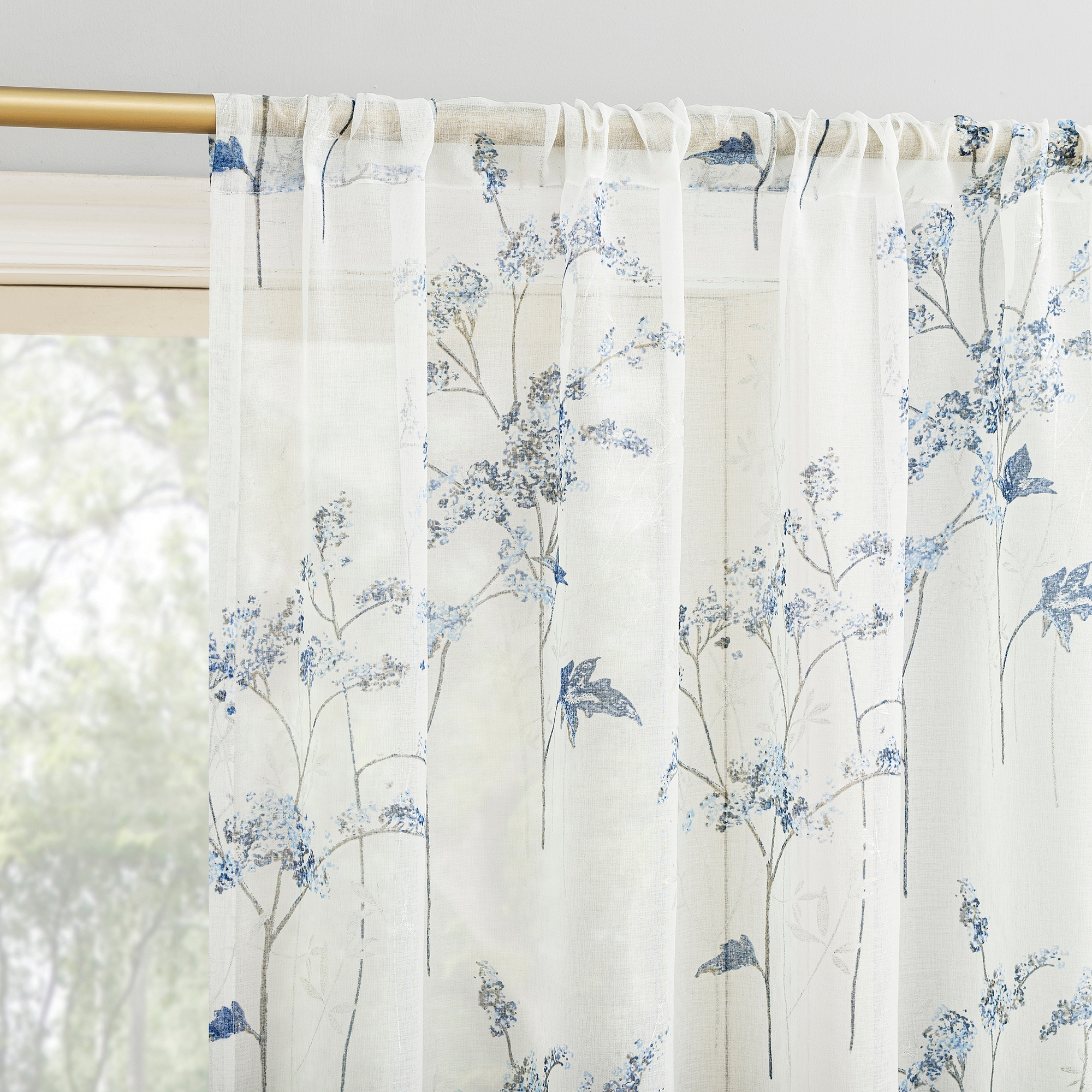 No. 918 1pc 50"x63" Margot Botanical Print Sheer Rod Pocket Curtain Panel Blue