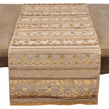 Saro Lifestyle Beaded Aztec Metallic Design Elegant Glam Cotton Table Runner, 16"x72", Gold