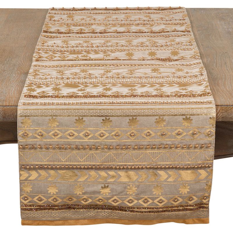 Saro Lifestyle Beaded Aztec Metallic Design Elegant Glam Cotton Table Runner, 16"x72", Gold, 1 of 4