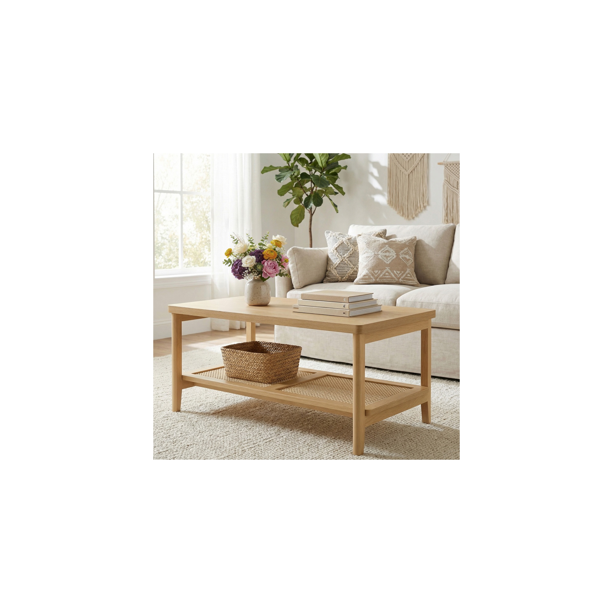 LEDREM 2-Tier Boho Coffee Table, Living Room Center Table, 21.7 x 39.4 x 17.7 Inches, PVC Rattan Storage Shelf, Easy Assembly, Beige