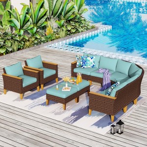 Captiva Designs 10pc Outdoor Wicker Rattan Patio Half-Moon Curved Sectional Sofa Set with Cushioned Ottoman - 1 of 4
